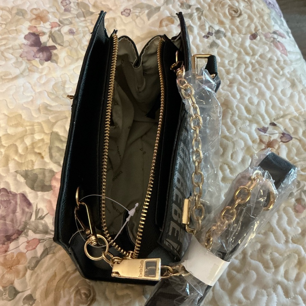 Bebe Gray/Black  Satchel with Monogram Pattern and Glossy Finish - Picture 7 of 12
